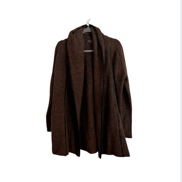 Vince Brown Leather Trim Cardigan Sweater yak wool open - Picture 3 of 8
